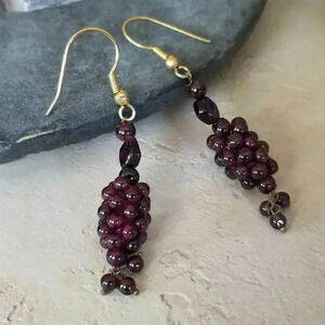 Handcrafted India Raw Brass and Garnet Gemstone Bead Clusters 54mm Long Earrings